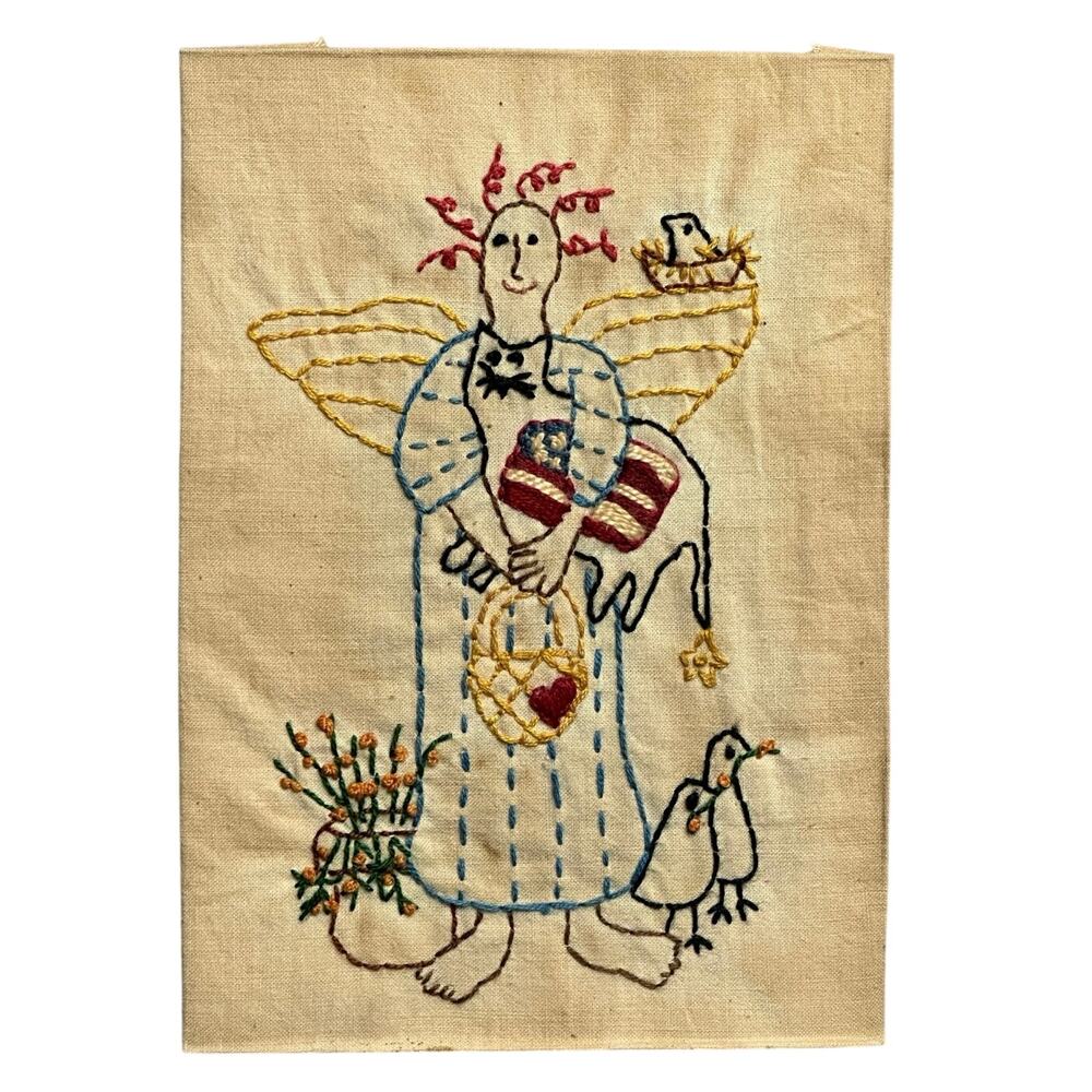 Vintage finished primitive patriotic embroidery 5x7 angel cat flag bird American